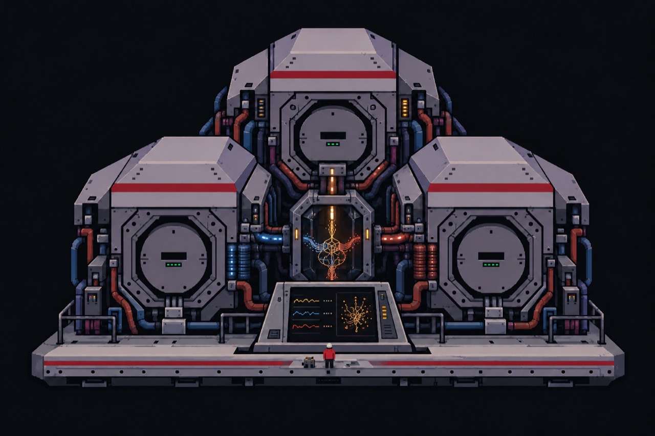 Three linked supercomputers feeding blue, red, and amber signals into a shared chamber, where a luminous helix swirls. A gray-haired engineer with tan skin and a slate-blue jacket stands at a console glowing with fractal point clouds.